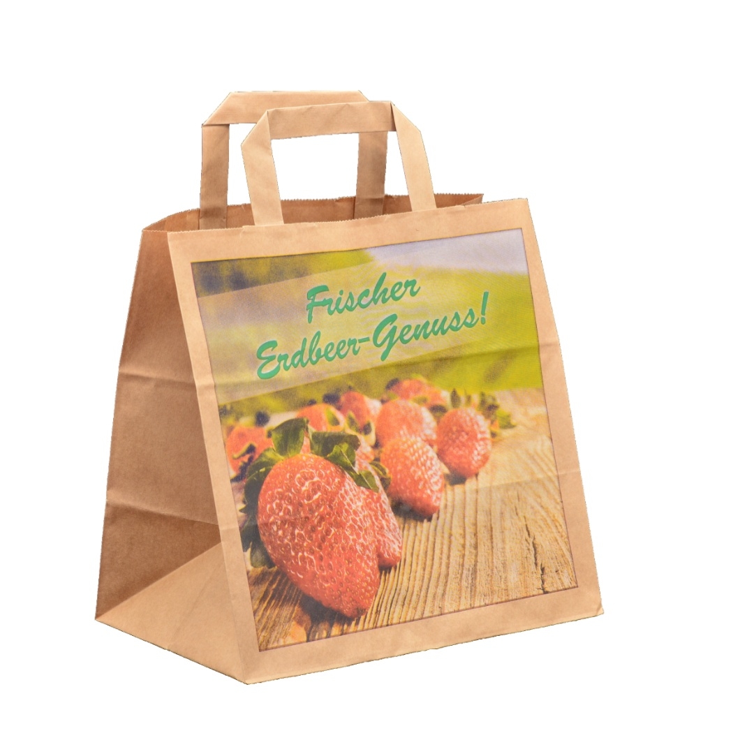 Papiertragetaschen 26 + 17 x 25 cm, Motiv Erdbeeren, mit Henkel, Nassfest