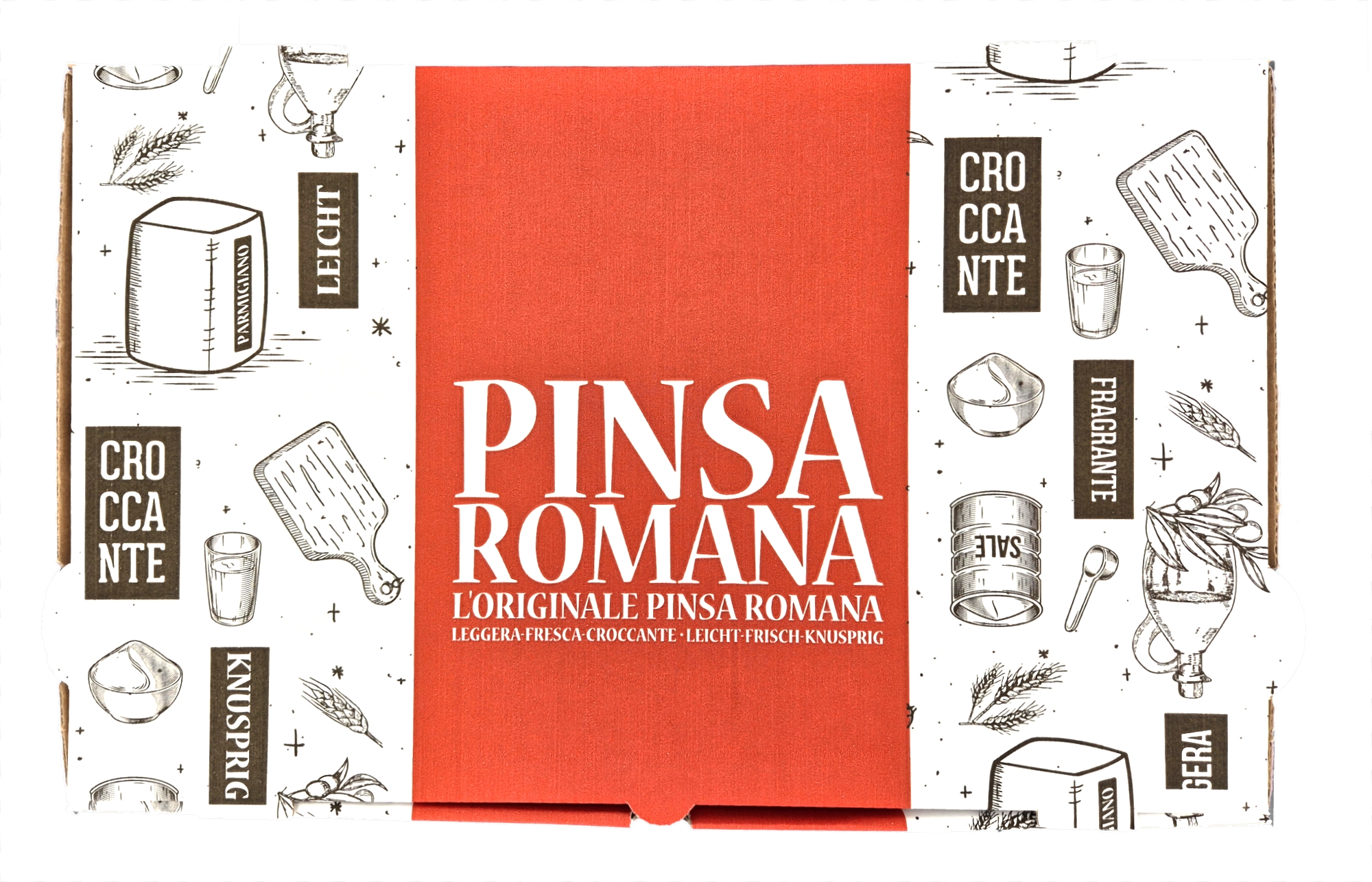Pinsakarton 38 x 24 x 4,5 cm, Pizza Karton Verpackung mit Motiv, Pinsa